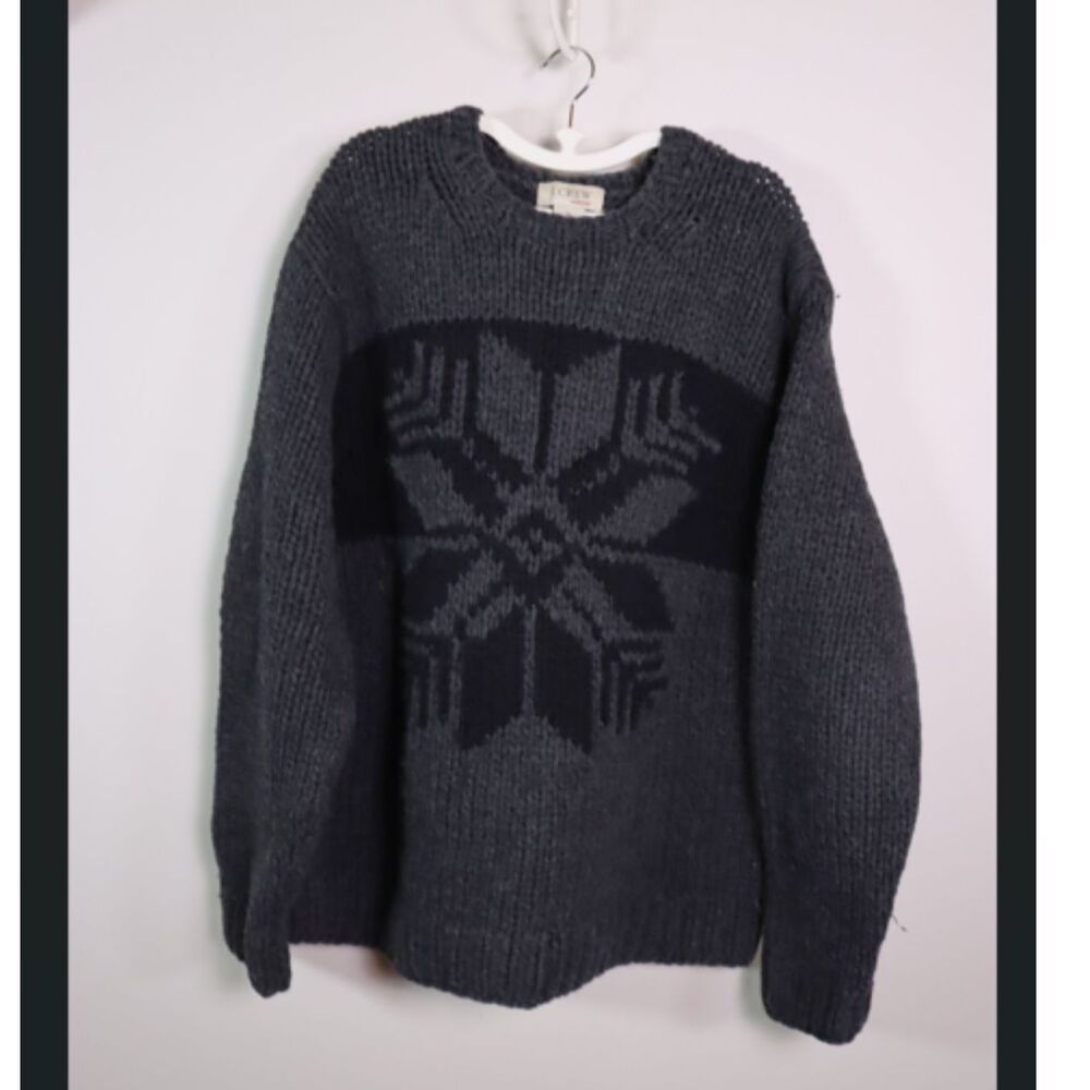 J.Crew Hand Knit Chunky Lambswool Sweater XL Gray Black Snowflake